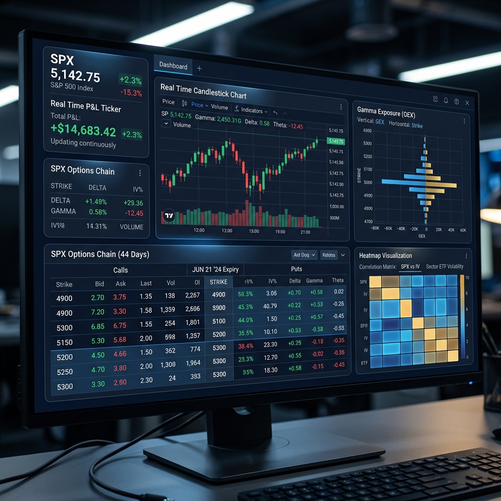Professional 0DTE trading terminal showing futures chain, GEX chart, and gamma exposure heatmap